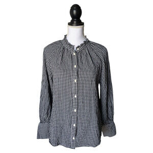 J Crew Black White Ruffleneck Button Up Shirt in Plaid Soft Gauze Size 8 BT730